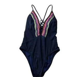 NANETTE LEPORE Sz M 10 Womens Navy Plunge Neck 1-pc Bathing Suit Swim Crochet